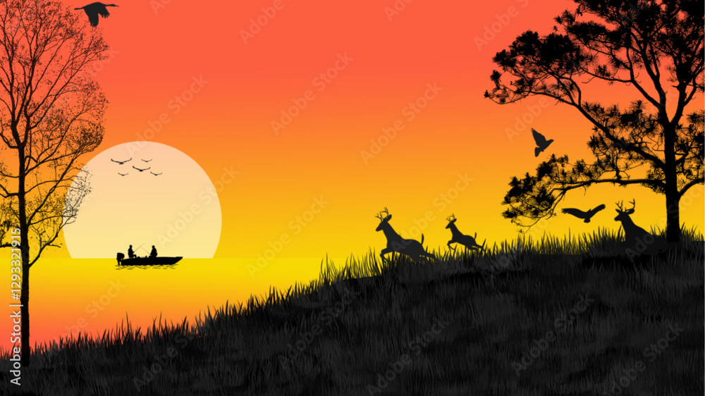 Silhouette of fishermen and deer at sunset Silhouette of fishermen and deer at sunset