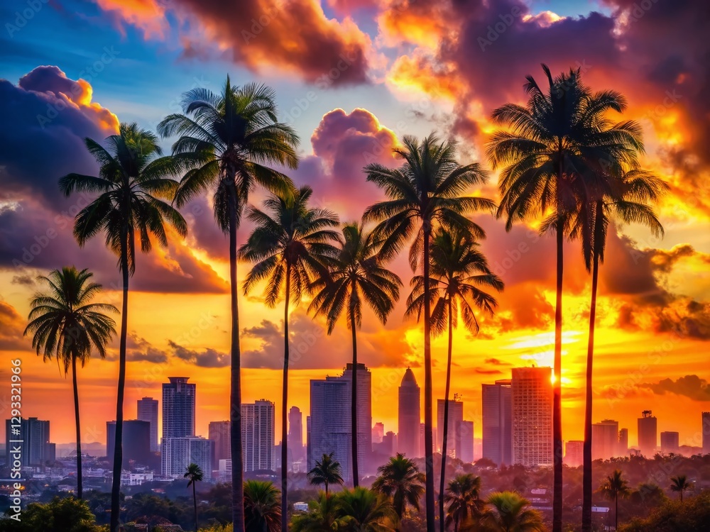 Obraz premium Silhouetted Palm Trees at Sunset, Urban Exploration Photography