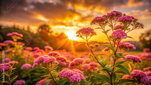 Silhouetted Pink Spirea Blossoms in Summer Garden Sunset