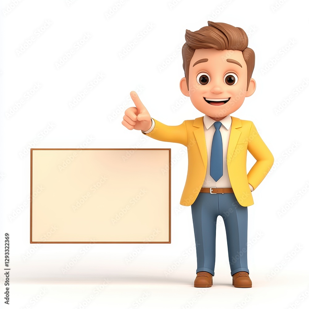 A cheerful cartoon character in a yellow suit gives a thumbs up beside a blank sign, ready for a message or advertisement. A cheerful cartoon character in a yellow suit gives a thumbs up beside a blank sign, ready for a message or advertisement.