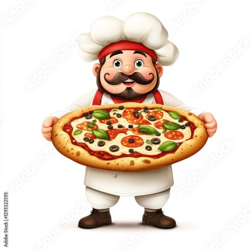 A cheerful cartoon chef holds a delicious pizza topped with various ingredients, showcasing a fun and inviting culinary theme.