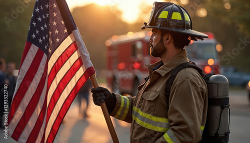 Firefighter holds USA flag at community event. Wears protective suit, helmet, mask, oxygen tank. Fire engine in background. Sunset light. Memorial holiday celebration, honoring, service, patriotism,