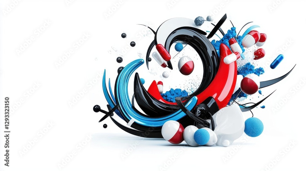 Obraz premium Dynamic abstract composition with colorful shapes and swirls, white isolated background.