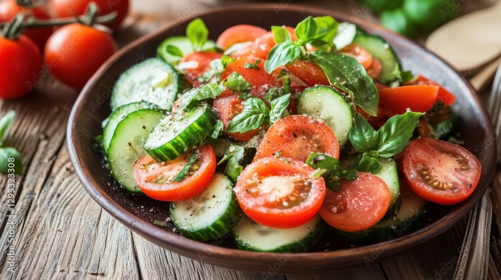 Fresh Tomato and Cucumber Salad with Basil on Wooden Table Fresh Tomato and Cucumber Salad with Basil on Wooden Table