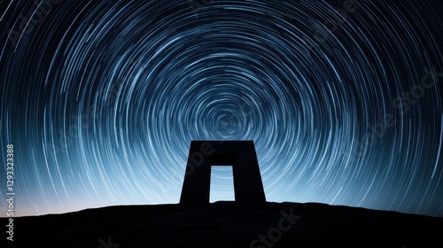 A striking silhouette of a stone structure against a starry night sky, with circular star trails creating a mesmerizing cosmic effect. photo