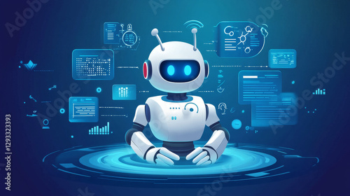 Chatbot technology isometric banner. Ai robot customer support, help and online consultation. Future marketing innovation, artificial intelligence digital advisor, 3d vector illustration, line art