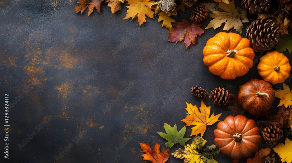 Elegant composition of autumn leaves and pumpkins arranged on a black background evoking the essence of fall season Elegant composition of autumn leaves and pumpkins arranged on a black background evoking the essence of fall season