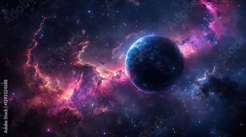 Fototapeta Naklejka Na Ścianę i Meble -  Cosmic Nebula Planet Vibrant interstellar clouds surround a blue exoplanet, perfect for space exploration visuals