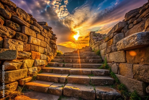 Silhouette of Ancient Stone Staircase and Wall at Archaeological Site - Dramatic Sunset photo