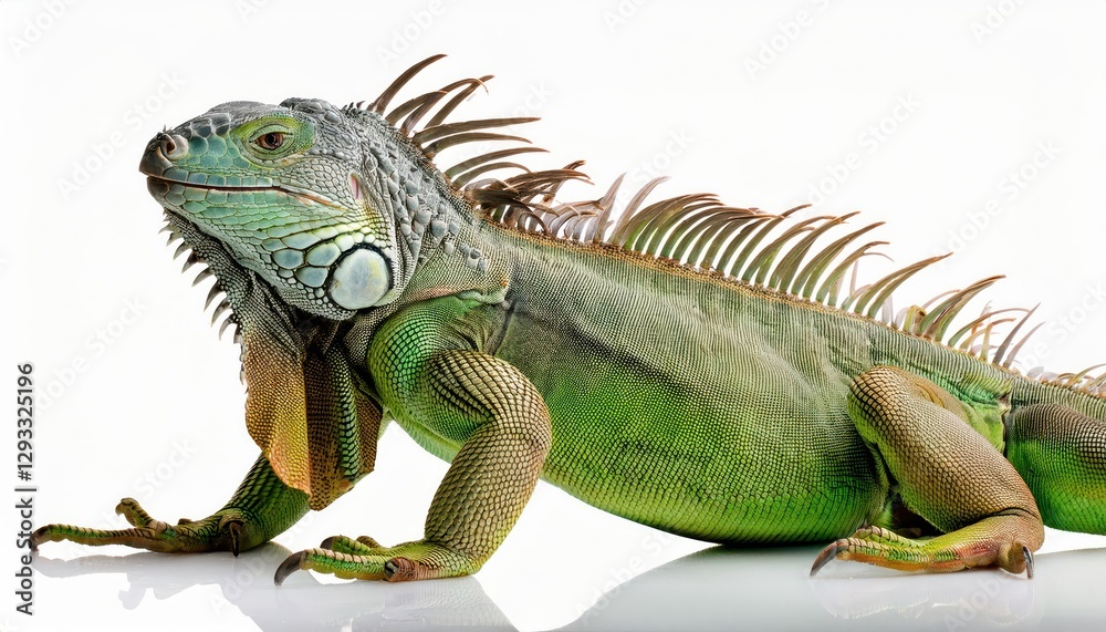 Vivid Green Iguana in Spotlight on White Backdrop, Majestic Reptile Portrayed with Intense Clarity and Vibrancy, Ideal for Digital Art, Home Decor, or Design Inspiration. Vivid Green Iguana in Spotlight on White Backdrop, Majestic Reptile Portrayed with Intense Clarity and Vibrancy, Ideal for Digital Art, Home Decor, or Design Inspiration.