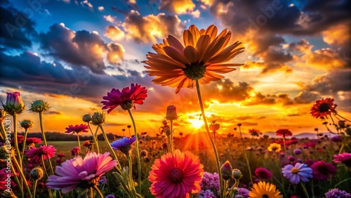 Silhouette of Colorful Flowers at Sunset, Dramatic Backlit Floral Scene