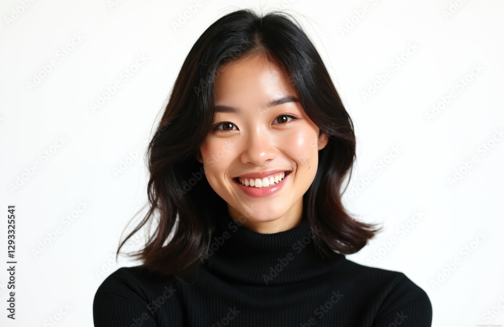Portrait of beautiful asian woman smiling, posing on white background in studio. Pretty girl with fresh make-up, healthy skin, dark brunette hair, black turtleneck sweater. Happy person shows Portrait of beautiful asian woman smiling, posing on white background in studio. Pretty girl with fresh make-up, healthy skin, dark brunette hair, black turtleneck sweater. Happy person shows