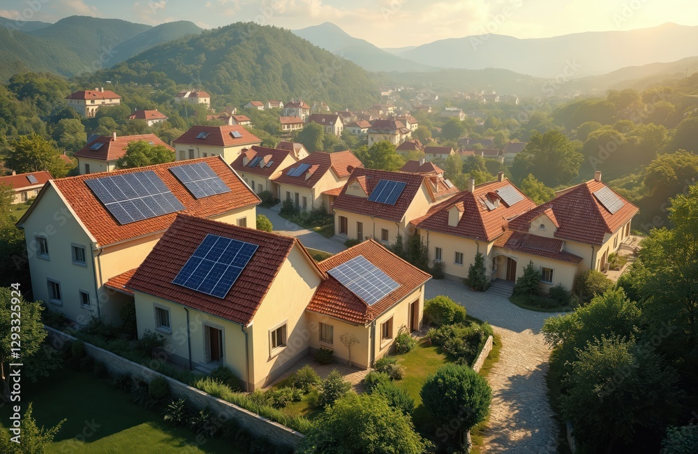 Aerial view of solar panels on roofs in village homes. Sustainable energy generation by photovoltaic cells. Eco friendly tech for electricity, power supply. Houses with red tile roofs. Aerial view of solar panels on roofs in village homes. Sustainable energy generation by photovoltaic cells. Eco friendly tech for electricity, power supply. Houses with red tile roofs.
