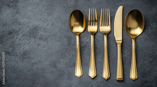 3d cutlery of golden and silver color fork, knife, spoon and teaspoon. Silverware and gold utensil, catering luxury metal tableware top view isolated on grey background, Realistic vector illustration