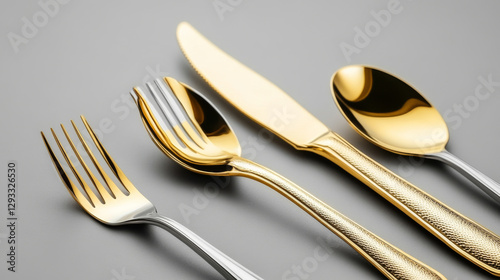 3d cutlery of golden and silver color fork, knife, spoon and teaspoon. Silverware and gold utensil, catering luxury metal tableware top view isolated on grey background, Realistic vector illustration