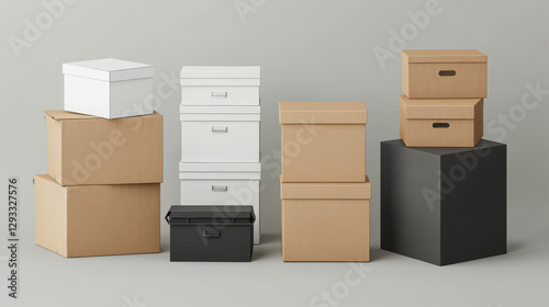 Cardboard parcel box for delivery vector icon. 3d isolated carton white, black and brown paper storage container set. Realistic render of simple blank deliver case for courier distribution in color