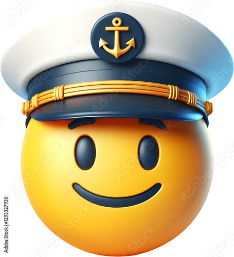 A cheerful emoji wearing a captain's hat, smiling brightly and embodying a fun nautical theme in a vibrant 3D style.