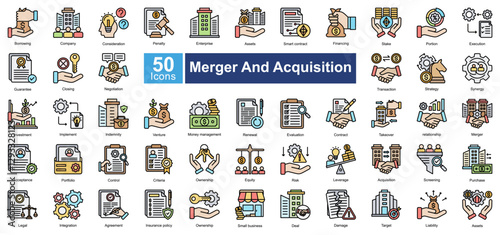 Merger and Acquisition icon set in Flat Line style, featuring 50 icons of investment, negotiation, strategy, and business takeover. Perfect for corporate finance, legal, and business planning.