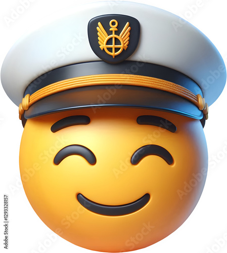 A cheerful emoji wearing a captain's hat, smiling brightly and embodying a fun nautical theme in a vibrant 3D style.