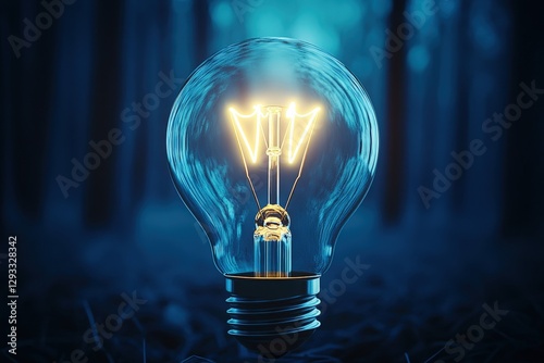 Illuminated light bulb in a dark forest, symbolizing creativity, innovation, and bright ideas.