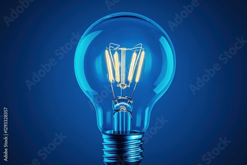 Illuminated incandescent light bulb on a blue background, symbolizing creativity and innovation.