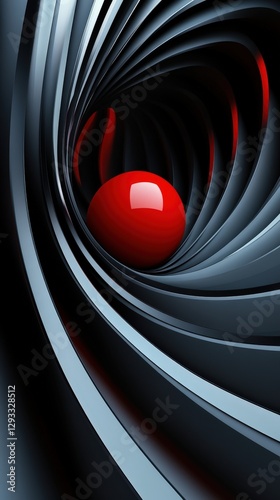 Abstract 3D design with a glossy red sphere and metallic curved layers.