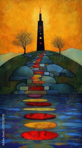 Surreal fantasy path leading to a mystical tower under a golden sky.