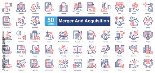Merger and Acquisition icon set in Dual Tone style, featuring 50 icons of investment, negotiation, strategy, and business takeover. Perfect for corporate finance, legal, and business planning.
