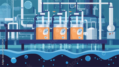 A digital illustration depicting an industrial water treatment facility. Three large cylindrical tanks, containing an orange liquid, are the central focus. These tanks are connected by a network of