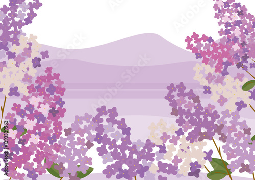 Picture blooming lilac over the lake and hills.eps