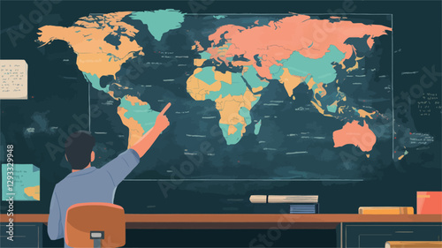 Illustration depicting a rear view of a person seated in a chair, facing a large chalkboard featuring a stylized pastel-colored world map. The person is pointing at a section of the map.  The