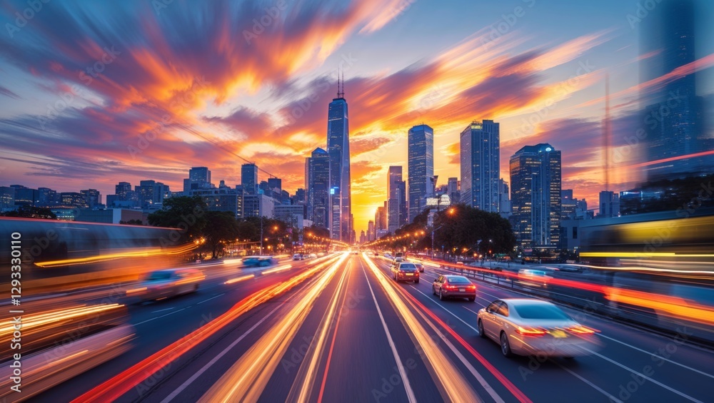 Naklejka premium Dramatic sunset over Chicago's cityscape with blurred car lights creating dynamic streaks on the highway.