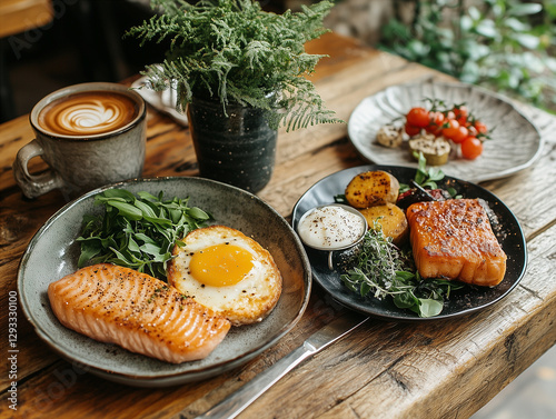 Food photo: tasty fried egg breakfast treats, lively and engaging ad.