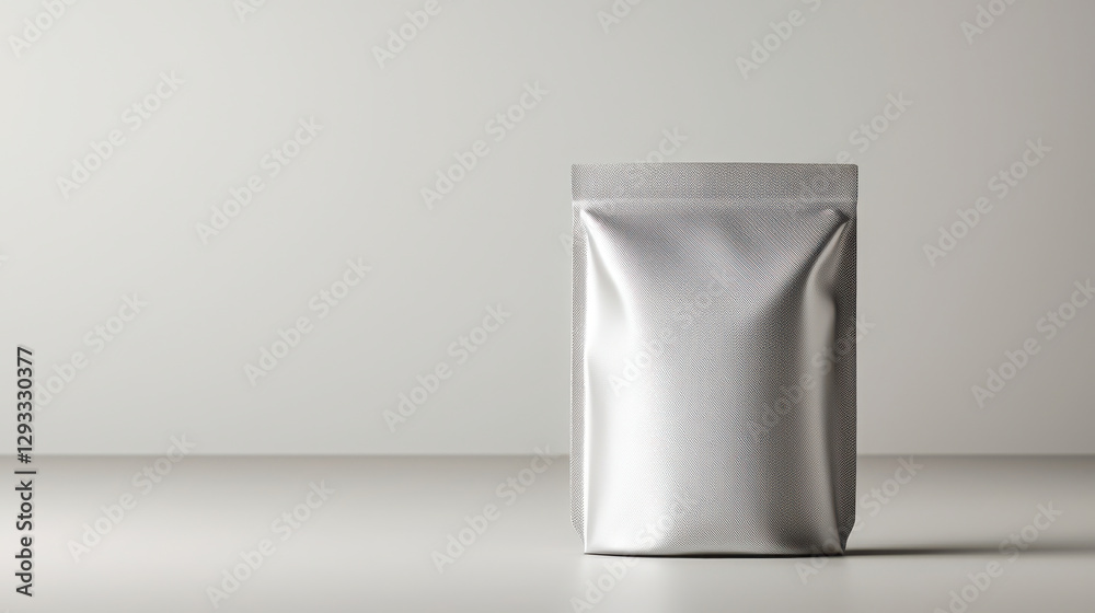 sleek silver pouch on plain background, perfect for packaging pet food or snacks sleek silver pouch on plain background, perfect for packaging pet food or snacks