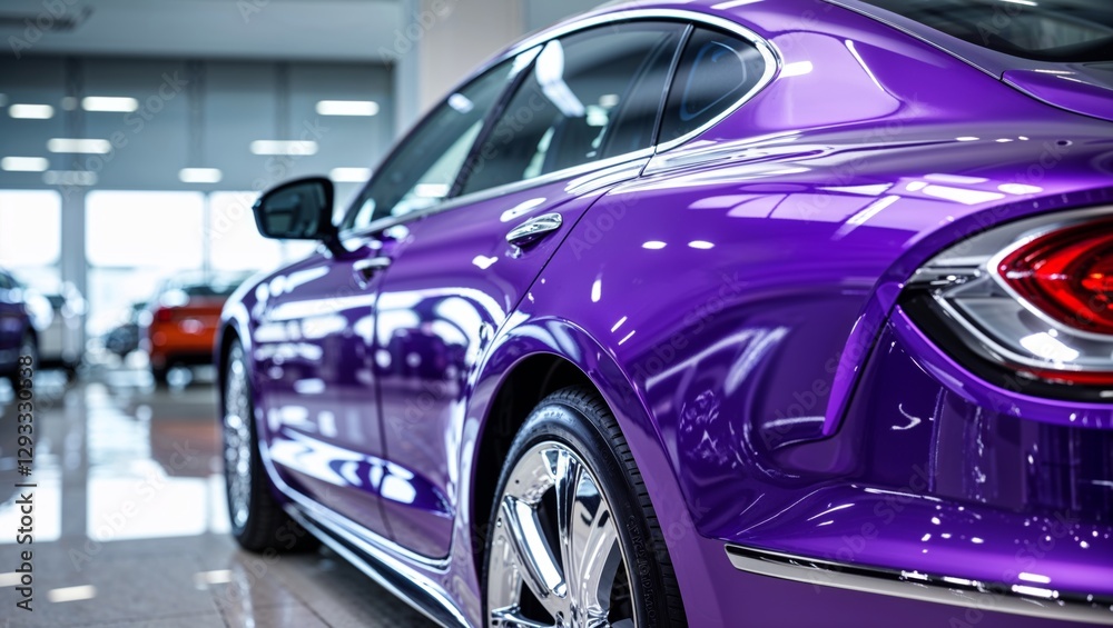 A luxurious purple sedan shines in a dealership showroom, reflecting light on its elegant curves and modern design. A luxurious purple sedan shines in a dealership showroom, reflecting light on its elegant curves and modern design.