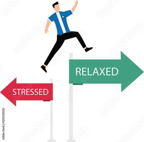 Stressed vs relaxed concept, businessman jump off from red arrow to the green arrow direction, stress management and emotion relief