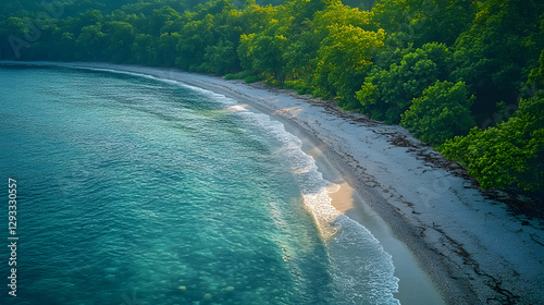 Obraz na płótnie Drone photography capturing the meeting point of a pebble beach and a forest, where smooth stones in various shades of gray and brown merge with the lush greenery of the shoreline. w salonie