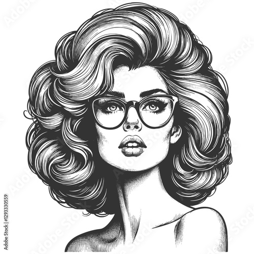 woman with large glasses and voluminous wavy hair, gazing thoughtfully sketch engraving generative ai fictional character vector illustration. Scratch board imitation. Black and white image.
