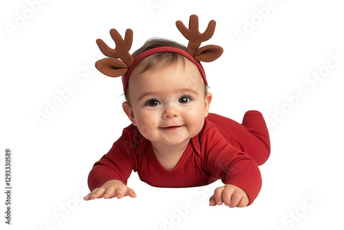 Happy baby in reindeer headband. Transparent background png. photo