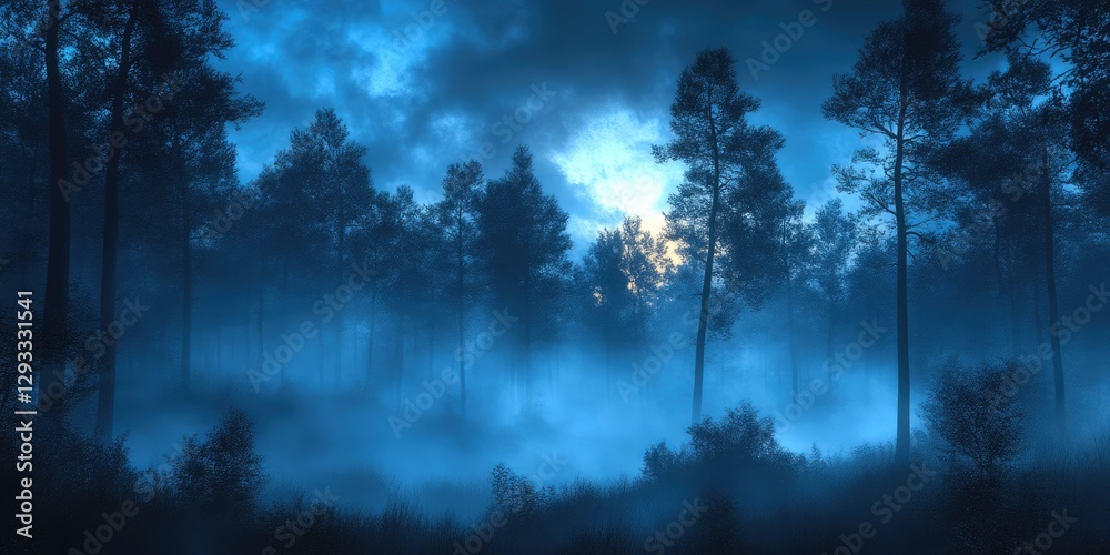 Obraz premium Surreal forest view with mist at night