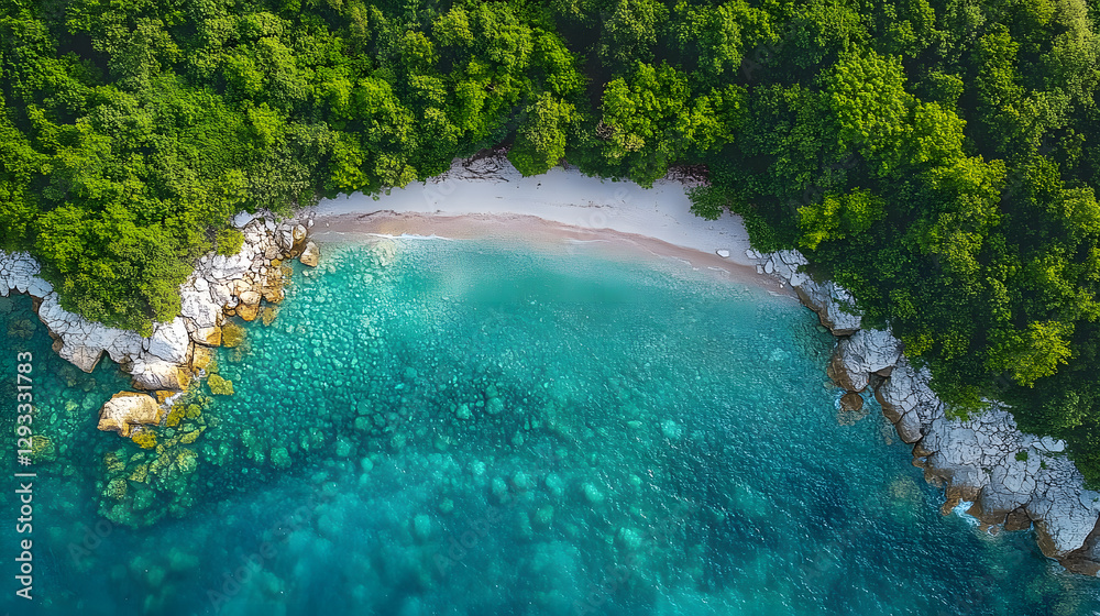 Drone photography capturing the meeting point of a pebble beach and a forest, where smooth stones in various shades of gray and brown merge with the lush greenery of the shoreline.