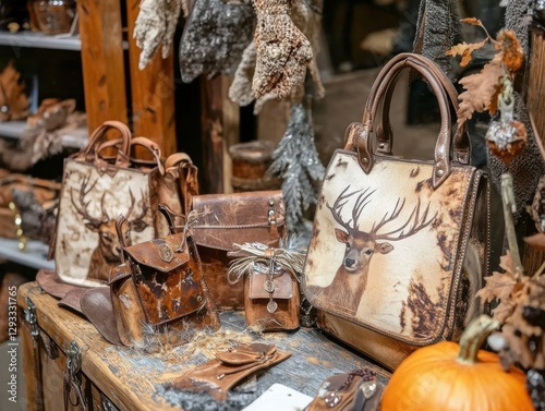 Boho-style accessories with deer skin print design, creating a creative and nature-inspired look in cozy autumn setting photo