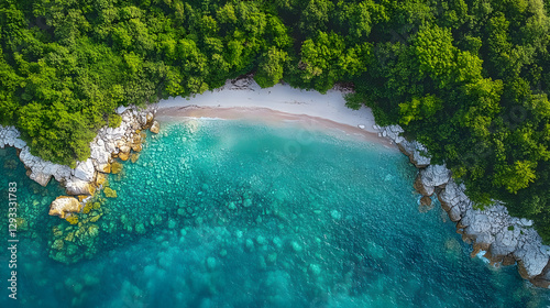 Obraz na płótnie Drone photography capturing the meeting point of a pebble beach and a forest, where smooth stones in various shades of gray and brown merge with the lush greenery of the shoreline. w salonie