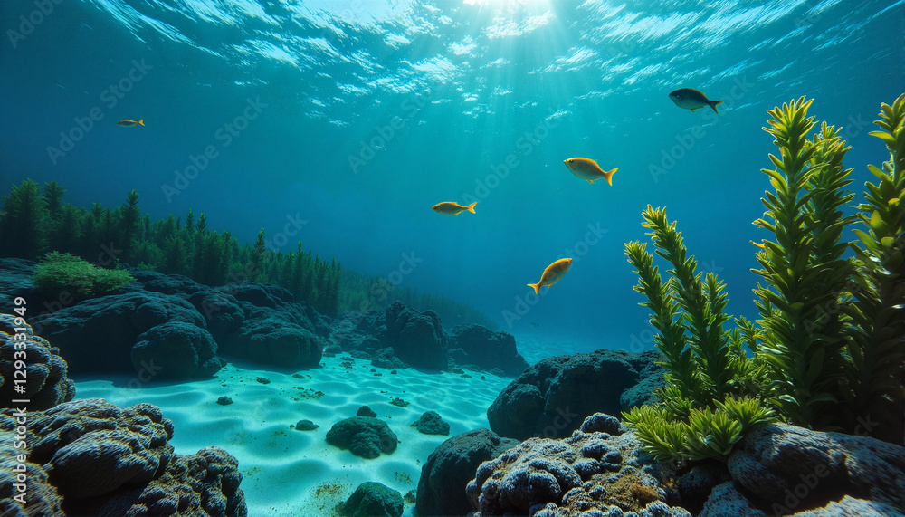 Naklejka premium Underwater scene with fish swimming among coral and plants for blogs, websites, marine life education, environmental awareness campaigns, and digital art projects