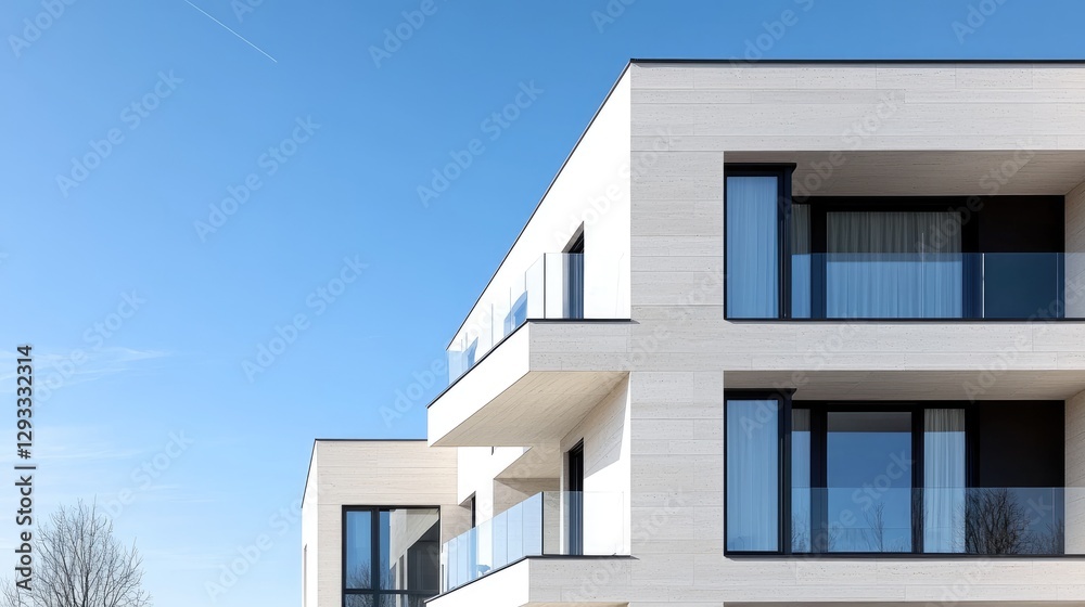 Modern apartment building, sunny day, clear sky, architectural detail, real estate Modern apartment building, sunny day, clear sky, architectural detail, real estate