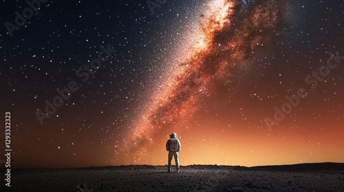A person in an astronaut suit stands on the surface of Mars, looking up at the starry night sky and the Milky Way.