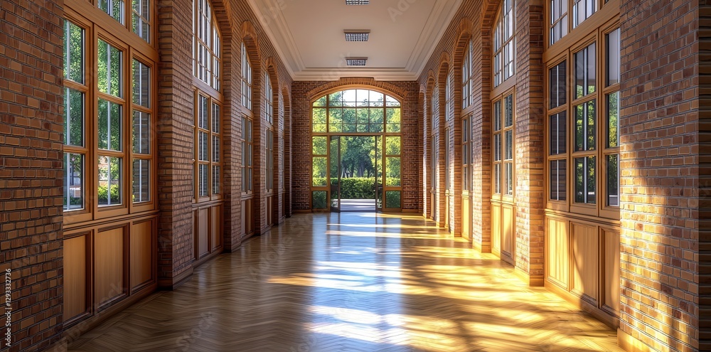 Hallway with Brick Walls and Windows Leading to Green Trees Hallway with Brick Walls and Windows Leading to Green Trees