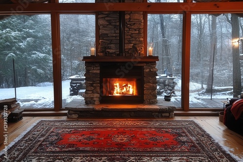 Cozy cabin interior with fireplace and snowy view. photo