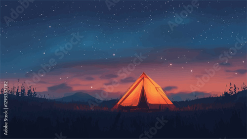 The image depicts a single, illuminated tent positioned in a field at night. The tent is a triangular shape and emits a warm orange glow. The background features a vast, dark night sky filled with