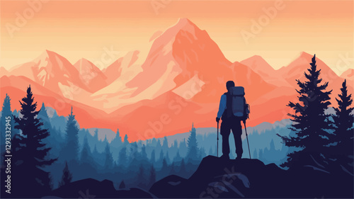 A digital illustration depicting a stylized silhouette of a hiker standing on a rocky outcrop, overlooking a vast mountain range at sunset. The color palette is predominantly cool blues and warm